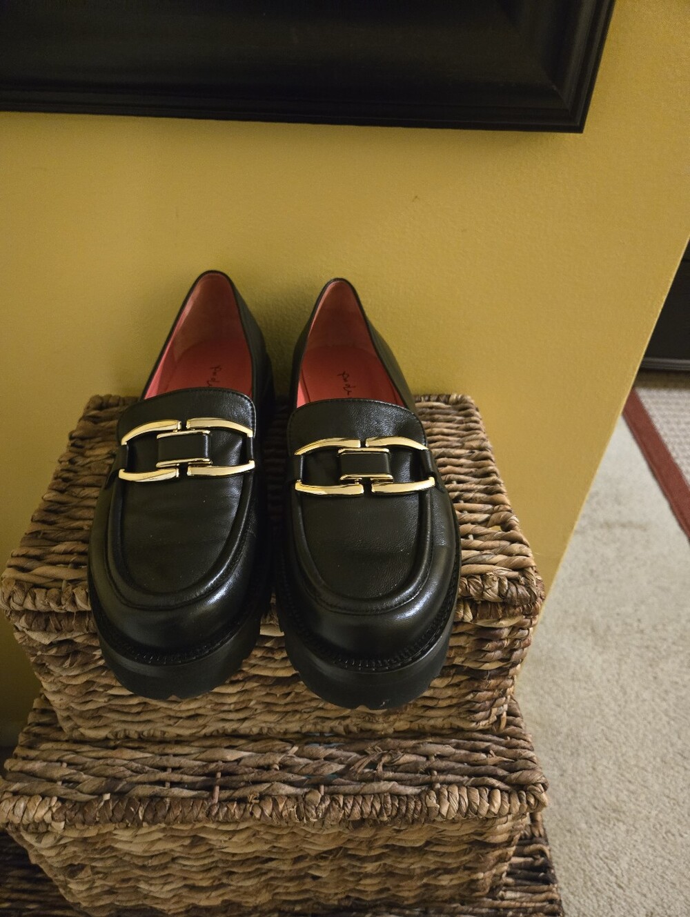 Women's Black Leather Loafers with Gold Buckle